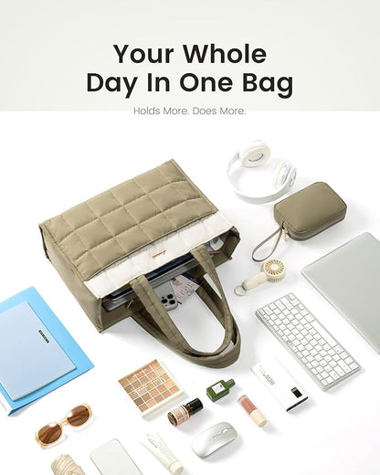 LOVEVOOK Tote Bag for Women, Puffer Work Handbag 15.6 Inch Laptop Purse for Nurse Teacher, Large Quilted Travel Tote Shoulder Bag with Zipper for College Office Clinical Gym,‌ Cream-Blush