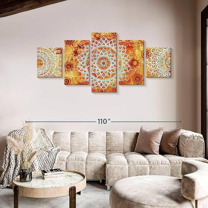 ElephantStock - Sun Like Mandala Symbols Wall Art - Horizontal Multi Panel Canvas - 5 Piece Living Room Wall Decor - Digital Art Elements Multi Piece Wall Art - Orange And Blue Decor - 92" x 42"
