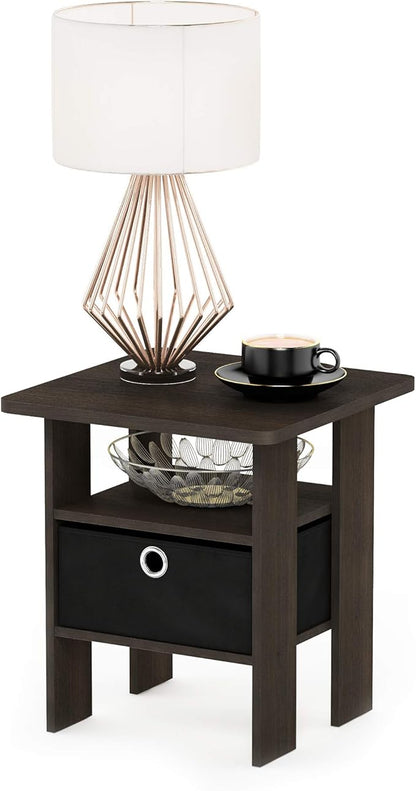 Furinno Andrey Set of 2 End Table / Side Table / Night Stand / Bedside Table with Bin Drawer, Dark Brown/Black