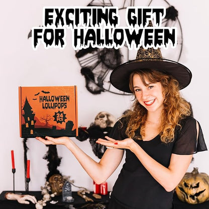 Halloween Lollipop Suckers, 24 Pieces of Bulk Suckers Individually Wrapped, Colorful Candy Lollipops for Trick or Treat Bags, Fun Halloween Shaped Candy Party Favors