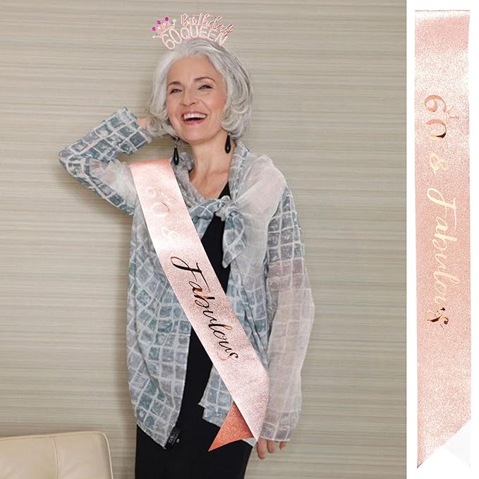 VELSCRUN 60th Birthday Queen Headband, Tiara Crown for Women, 60th Birthday Decorations for Her, Birth Queen Tiaras Crowns Sash for Women Mom Birth Party Decoration Hair Accessories Rose Gold