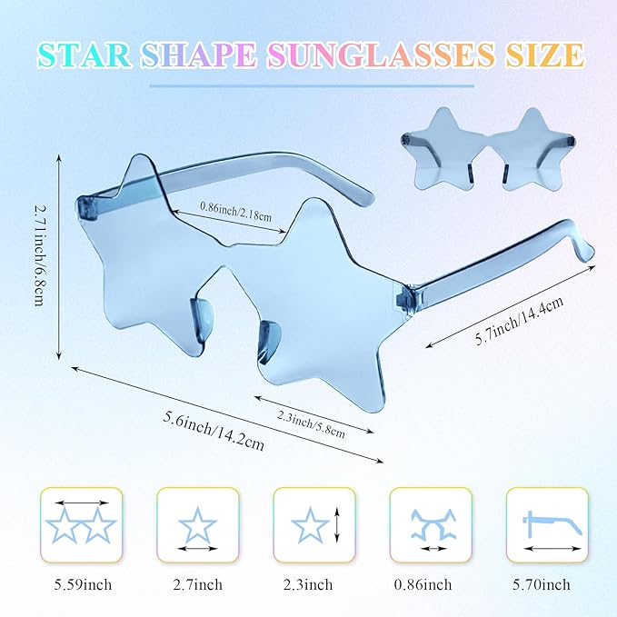 NACHLYNN 24 Pcs Transparent Sunglasses Multicolor Rimless Star Shaped Sunglasses Pentagram Glasses for Costumes Cosplay