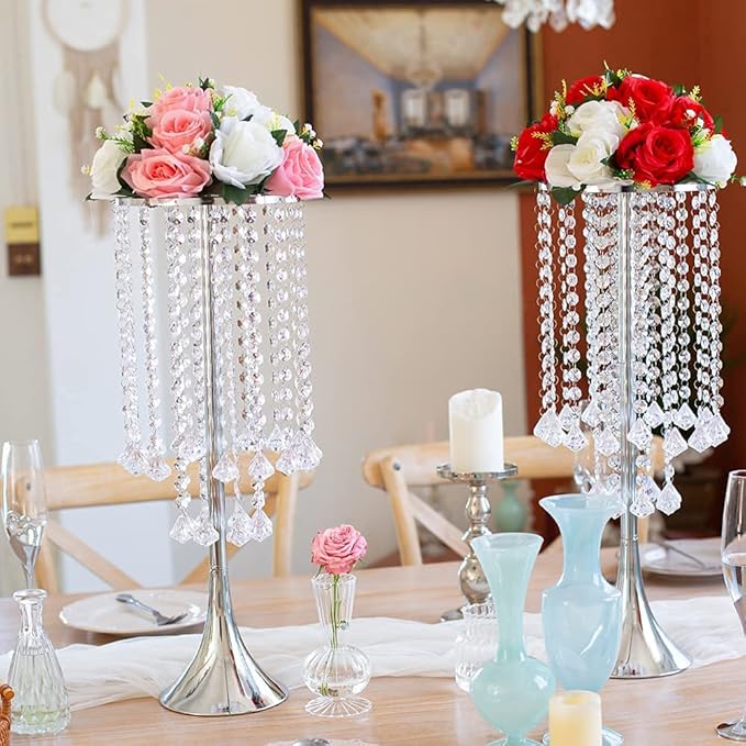 Set of 10pcs Silver Crystal Centerpieces Tall Metal Flower Arrangement Vase for Wedding Party Dinner Event Hotel Home Decor