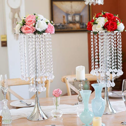 Set of 10pcs Silver Crystal Centerpieces Tall Metal Flower Arrangement Vase for Wedding Party Dinner Event Hotel Home Decor