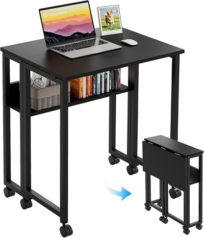 GreenForest Folding Desk Small Rolling Desk with Storage Shelf,24.8 inch Foldable Computer Desk with Wheels for Small Space,Easy Assembly,Black