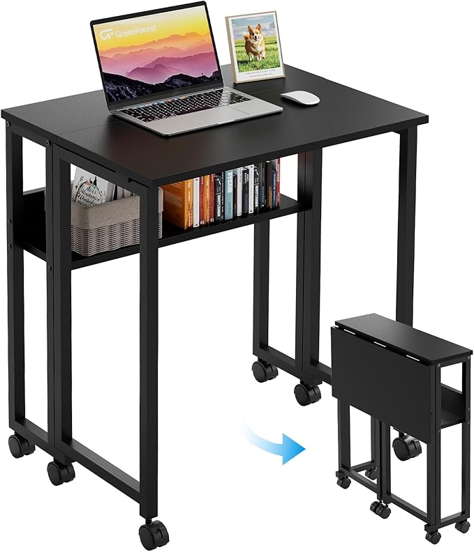 GreenForest Folding Desk Small Rolling Desk with Storage Shelf,31.5 inch Foldable Computer Desk with Wheels for Small Space, Easy Assembly,Black