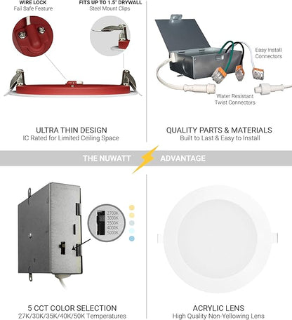 NUWATT 2 Hour Fire Rated Recessed Lighting 6 Inch Wafer LED Lights, 2700K/3000K/3500K/4000K/5000K Selectable, Dimmable 1200LM, 15W, Wet & IC Rated, 90 CRI Canless Light, No Tenmat Needed, ETL, 6 Pack