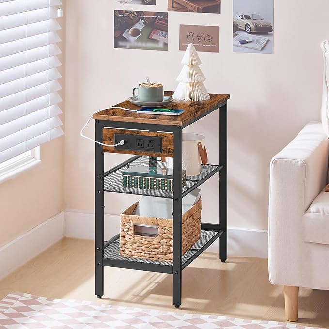 HOOBRO End Table, 3-Tier Narrow Side Table with Charging Station, Nightstand with 2 Flat or Slant Adjustable Shelves for Small Spaces, Living Room, Bedroom, Rustic Brown and Black BF23UBZ01G1