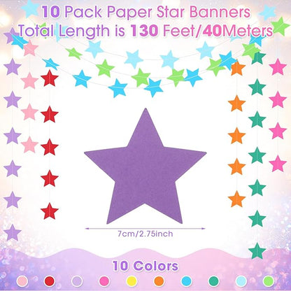 Patelai Glitter Star Garland Banner Christmas Decor 130 Feet Star Hanging Bunting Banner Twinkle Backdrop for Homecoming Classroom Wedding Birthday Halloween Party Supplies(Rainbow)