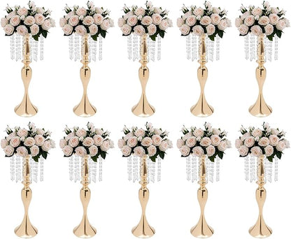 Wedding Centerpieces Gold Vases,10PCS Metal Flower Candle Holder with Sparkling Crystal Beads,Crystal Flower Vase Metal Flowers Stand for Party Tables Decorations (10pcs Gold-Height 21.3)