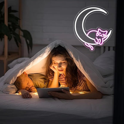Moon Cat Neon Sign, JGHTURIE Pink Neon Signs for Wall Decor Cute Animal Light Up Sign Game Room Bar Party Led Signs for Man Cave Kids Decor USB Powered