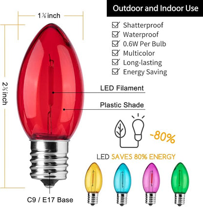 Brightown 25 Pack C9 LED Christmas Light Bulbs - Colored Shatterproof Replacement for String Lights, E17 Intermediate Base, Commercial Dimmable Holiday Multicolor Bulbs