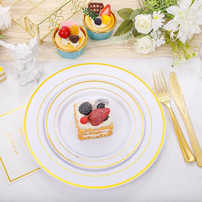 bUCLA 600Pcs White and Gold Plastic Plates - Gold Disposable Dinnerware Set for 100 Guests Include 100 Dinner & 100 Dessert Plates, 100 Cups, 100 Forks, 100 Spoons, 100 Knives for Party