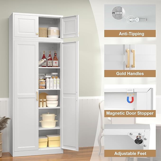 Kitchen Pantry Storage Cabinets, 86" Tall Metal Storage Cabinet with Doors and 4 Shelves, Food Pantry Cabinet, White Kitchen Cupboard, Large Steel Cabinets for Dining, Office, Living Room