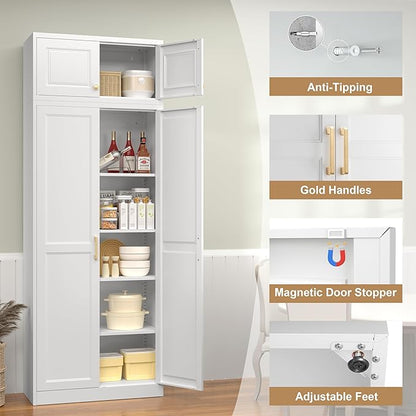 Kitchen Pantry Storage Cabinets, 86" Tall Metal Storage Cabinet with Doors and 4 Shelves, Food Pantry Cabinet, White Kitchen Cupboard, Large Steel Cabinets for Dining, Office, Living Room