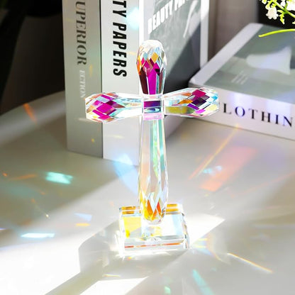 YWHL Colorful Crystal Standing Cross Decor, Handmade Glass Holy Cross Collectible Figurines Decoration, Religious Gifts for Women Men, Christian Easter Cross for Home Office Decor