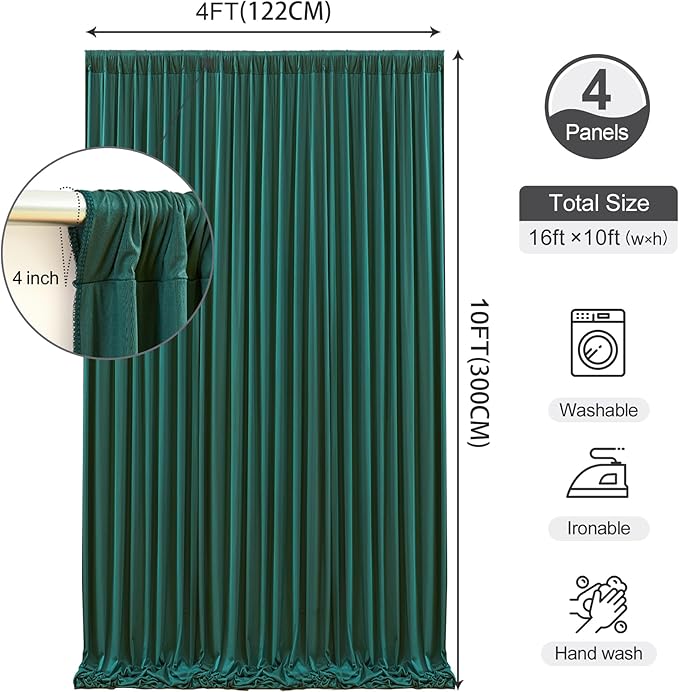 16 x 10ft Hunter Green Backdrop Curtains Photo Background Curtains 4 Panels (10'L x 4'W Each) with Rod Pocket, No-Wrinkle Polyester Backdrop Drapes for for Wedding Birthday Party Christmas Prom Events