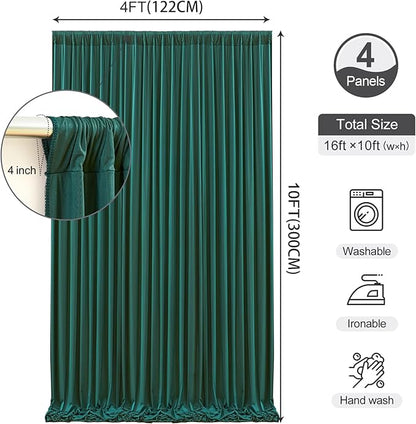 16 x 10ft Hunter Green Backdrop Curtains Photo Background Curtains 4 Panels (10'L x 4'W Each) with Rod Pocket, No-Wrinkle Polyester Backdrop Drapes for for Wedding Birthday Party Christmas Prom Events