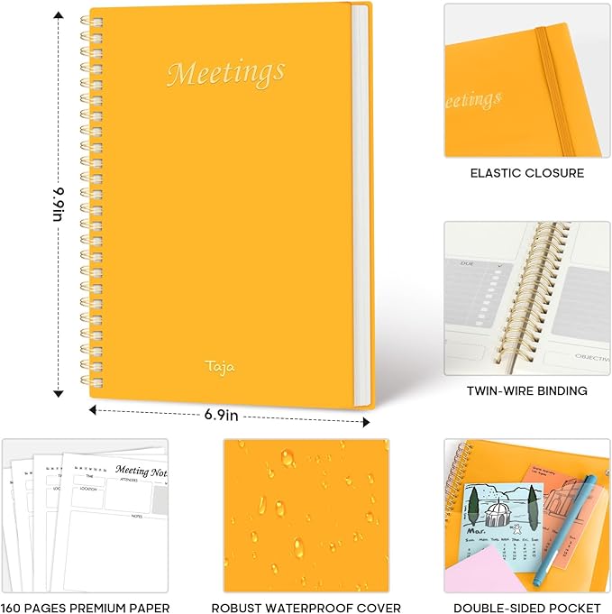 Taja Meeting Notebook for Work Organization - Work Planner Notebook with Action Items, Agenda Planner for Note Taking, 160 Pages (6.9" X 9.9") Project Organizer for Men & Women - Yellow