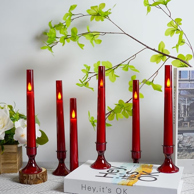 Lezonic Flameless Windows Candles Battery Operated with Timer Remote, 6Pcs Red Acrylic Flameless Candlesticks with Holders, LED Taper Candles Flickering for Halloween Christmas, 0.8 x 8 inches