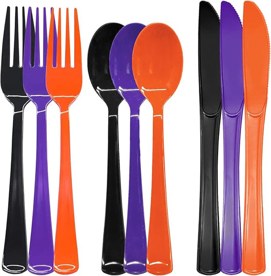 153 Pcs Halloween Plastic Silverware Heavy Duty Disposable Tableware Sets Includes Spoons Forks Knives for Halloween Party Supplies (Black Orange Purple)