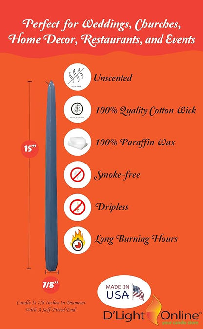 D'light Online Elegant 12" Unscented Slate Blue Taper Candles, Premium Quality Hand-Dipped Tapered Candles, Dripless and Smokeless - Set of 12 Individually Wrapped (12 Inch, Slate Blue)