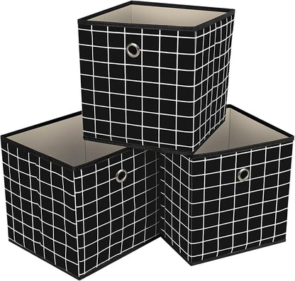 Foldable Storage Cubes Bins,11 Inch Cloth Storage Cube Fabric Storage Box Cubes Organizer Baskets with Dual Handles for Home Organizer Set of 3 (Black grid)