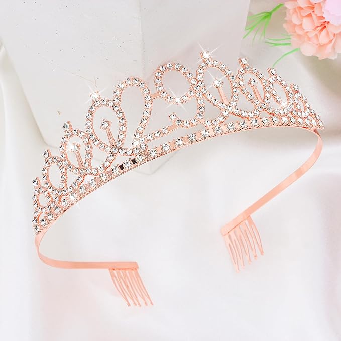 CIEHER 29th Birthday Crown, Sash and Pearl Pin Set, Rose Gold, Women Friends Birthday Gifts