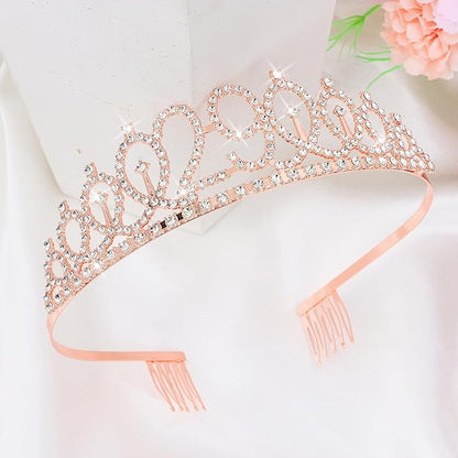 CIEHER 29th Birthday Crown, Sash and Pearl Pin Set, Rose Gold, Women Friends Birthday Gifts