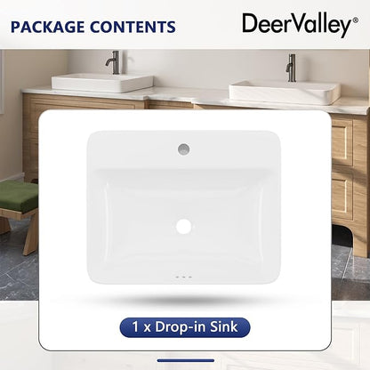 DeerValley 24x19 Inch White Rectangular Drop-In Bathroom Sink, Semi-Recessed Ceramic Vessel Sink with Overflow and Single Faucet Hole, Model DV-1DS012101