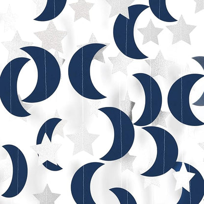 Navy-Blue Silver Moon-Star Party-Decorations Garland - 52Ft Twinkle Little Star Hanging Decoration Streamers Banner, Eid Ramadan Mubarak Decoration Birthday Wedding Baby Shower Party Decor Panduola