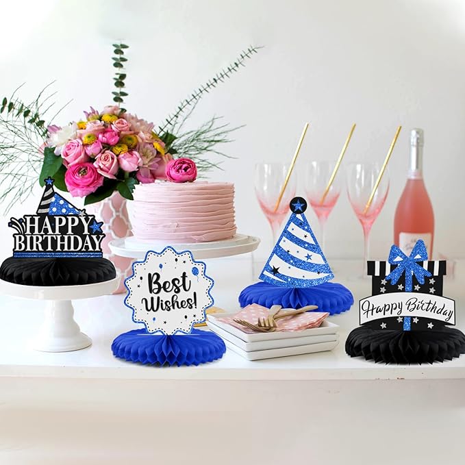 Happy 14th Birthday Decorations,14th Birthday Blue Glitter Shiny Stand Honeycomb Table Centerpieces - Cheers to Fourteen Years Old Birthday Party Photoprop Gift Sign.