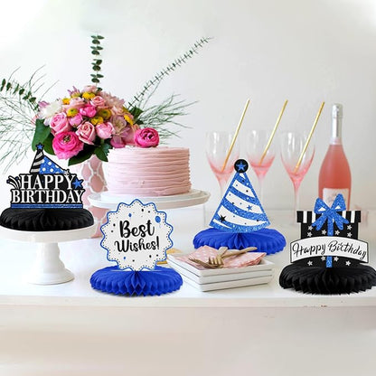 Happy 90th Birthday Decorations,90th Bday Blue Glitter Shiny Stand Honeycomb Table Centerpieces - Cheers to Ninety Years Old Birthday Party Photoprop Gift Sign.