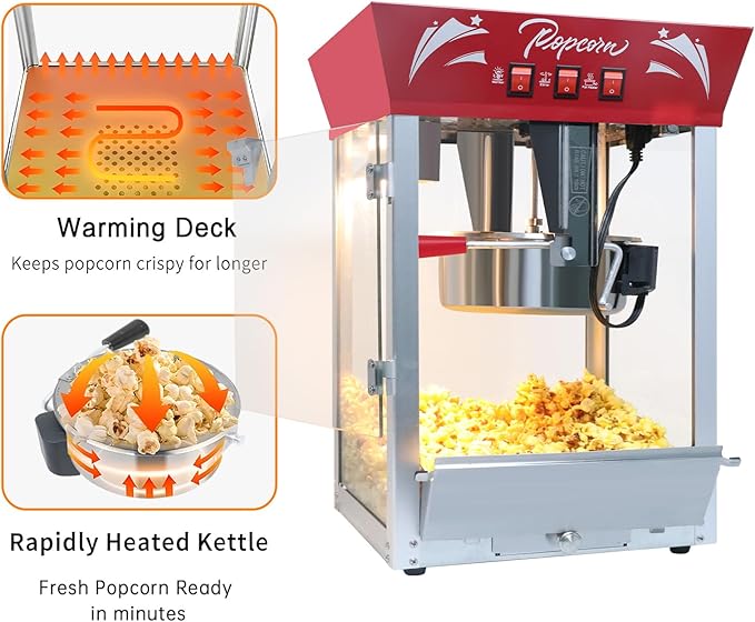 Commercial Popcorn Machine 12Oz with Warming Light, Makes 60 Cups, Theater Style Stainless Steel Popper with Tempered Glass - for Home Theater, Parties & Business, Red
