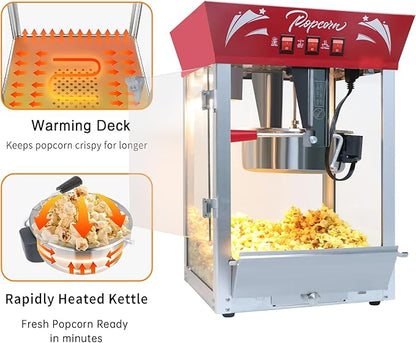 Commercial Popcorn Machine 12Oz with Warming Light, Makes 60 Cups, Theater Style Stainless Steel Popper with Tempered Glass - for Home Theater, Parties & Business, Red