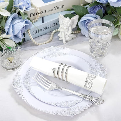 YOUBET 700PCS Silver Plastic Plates - White and Silver Disposable Plates - Silvery Plastic Dinnerware Set - Include 200 Plates, 300 Heavy Duty Silverware, 100 Cups and 100 Napkins for Wedding & Party