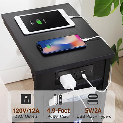 AMHANCIBLE C Shaped End Table with Charging Station, TV Tray Set of 2, Couch Tables with Storage Bag, Slide Under Sofa Side Table with USB Ports and Outlets for Living Room, Black, HET04CBK