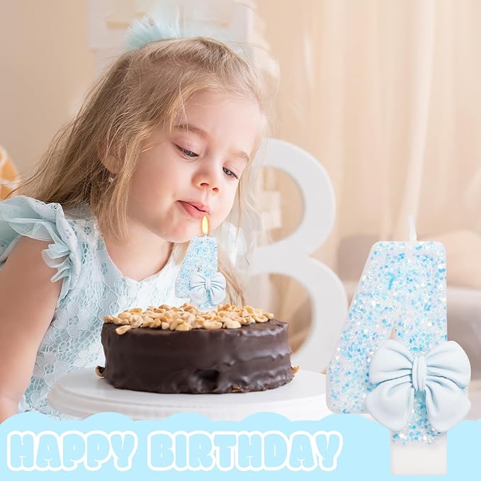 Birthday Candle for Cake, Blue Bow Number Candles, 2.76 inch Number, Cake Topper Decoration for Birthday Party (Number 4)