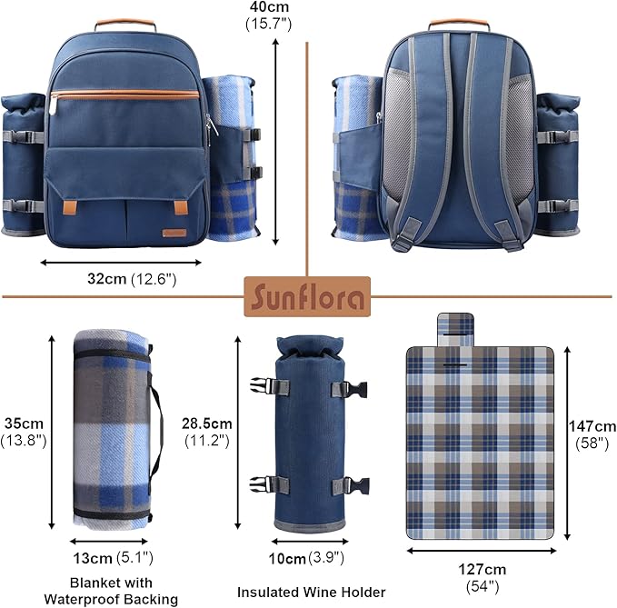 Sunflora Picnic Backpack for 2 Person Set Pack with Insulated Waterproof Pouch for Couple Outdoor Camping (Navy)
