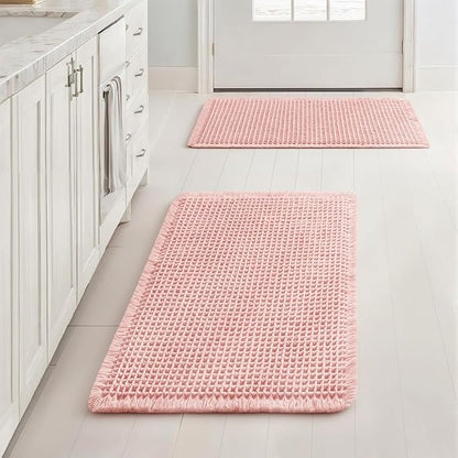 MIULEE Set of 2 Waffle Bathroom Rugs, Boho Bath Rugs Non Slip Washable, Super Absorbent Bath Mats, Ultra Soft Rubber Backed Shower Mats for Bathroom Floor, Tub and Shower, Pink, 17x24 Inch