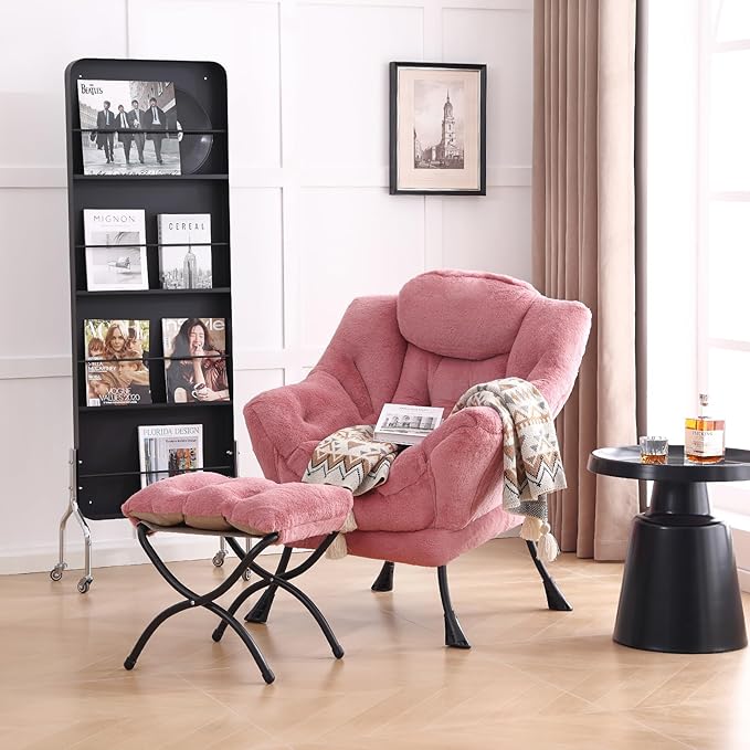 LITA Lazy Chair with Ottoman, Modern Accent Leisure Upholstered Sofa Chair, Lounge Reading Chairs with Armrests and a Side Pocket for Living Room, Bedroom & Small Space, Plush Dark Pink