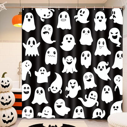 Halloween Shower Curtain, Spooky Cute Ghosts Cartoon Print, Black & White Fabric Bathroom Decor for Boys, Trick or Treat - Includes 12 Hooks and Ghost Decorations, 72x72 Inch