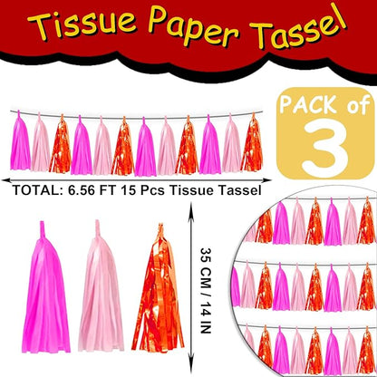 3P Hot Pink Orange LightPink Tassel Banner Garland Foil Fringe Tinsel Streamer Banner Backdrop for Parade Floats, Wall Hanging Curtain Parade Floats, Graduation Decorations, Wedding Party Decoration