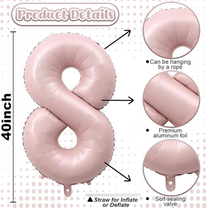 Pastel Pink 8 Balloons, 40" Giant Helium Foil Number Balloon 0-9 Blush Pink Number Balloon 8 for Girls, Self Inflating Digit 8 Balloons for 8th Birthday Women Anniversary Princess Party Decorations