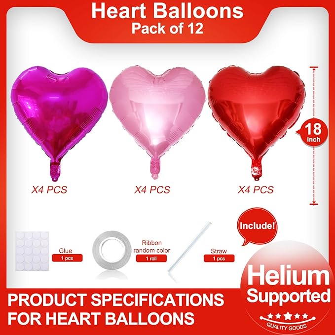 Red Heart Shaped balloons Pack of 12,18 Inch Hot Pink Love Valentine Balloons Pink Heart Romantic Balloons For Valentines Day Propose Marriage Wedding Bridal Shower Engagement Party Decorations