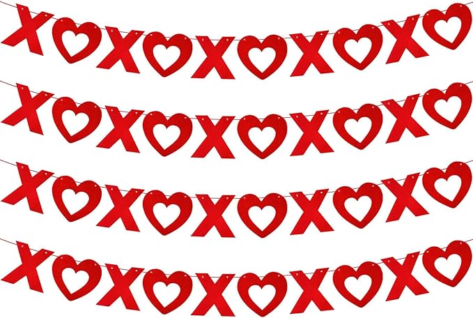 LHOAVWE 4 Pack Felt Red & Pink XOXO Heart Garland Banners, Valentines Day & Wedding Decorations, 3m/10ft Each, 5XO per Garland, Includes Ribbon Roll