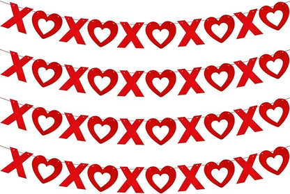 LHOAVWE 4 Pack Felt Red & Pink XOXO Heart Garland Banners, Valentines Day & Wedding Decorations, 3m/10ft Each, 5XO per Garland, Includes Ribbon Roll