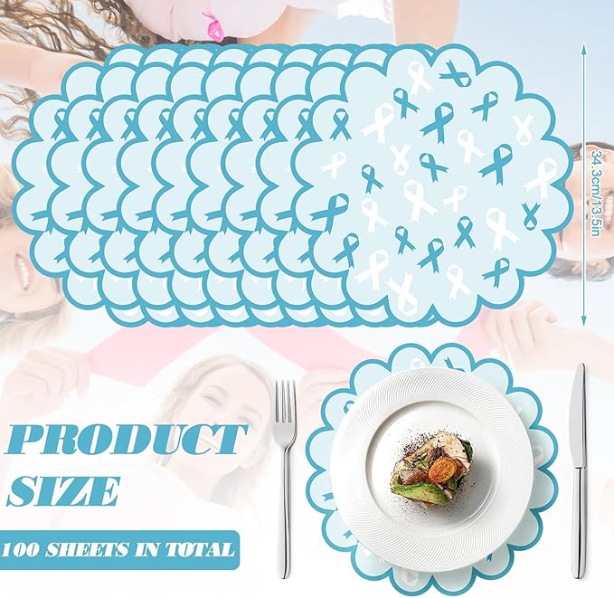 100 Pcs Ovarian Cancer Awareness Products 13.5" Scalloped Teal Ribbon Paper Placemats Disposable Sexual Assault Awareness Cervical Cancer Place Mats for Health Charity Public Social Event Supplies