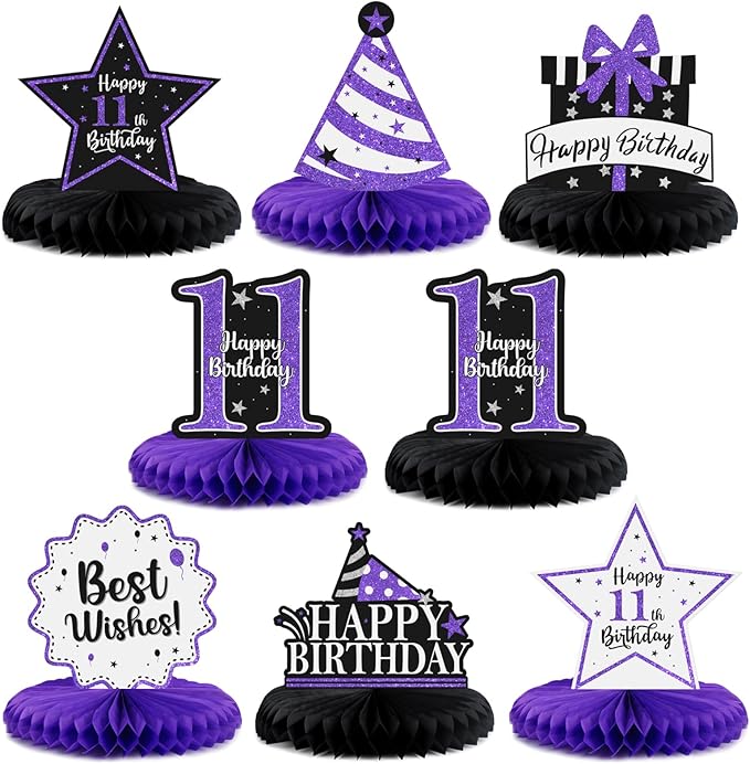 Happy 11th Birthday Decorations,11th Birthday Purple Glitter Shiny Stand Honeycomb Table Centerpieces - Cheers to Eleven Years Old Birthday Party Photoprop Gift Sign.