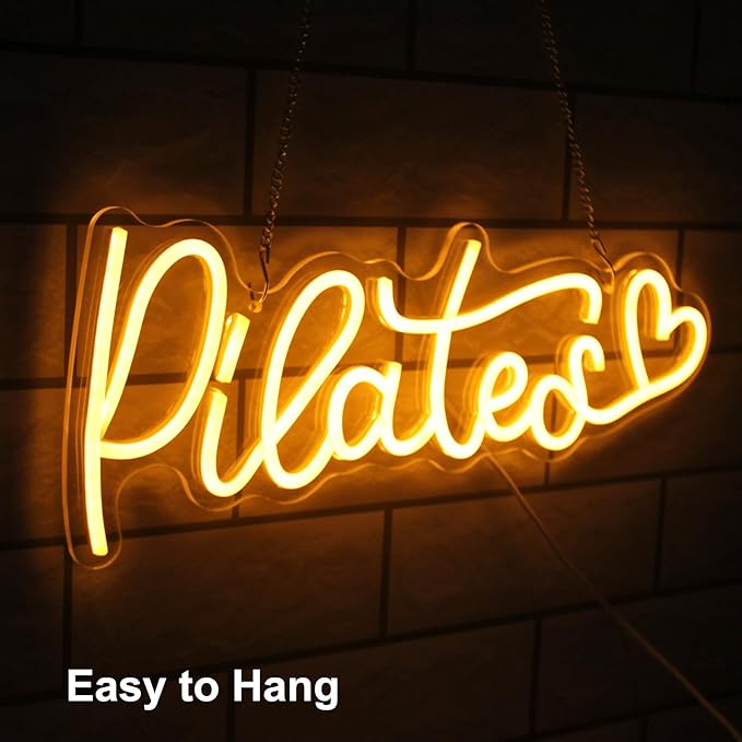 Pilates Neon Sign Yoga LED Neon Lights Signs Orange Letter with Love Neon Signs for Wall Motivational Wall Art Pilates Neon Light Up Sign for Gym Yoga Studio Bedroom Pilates Pavilion Decor